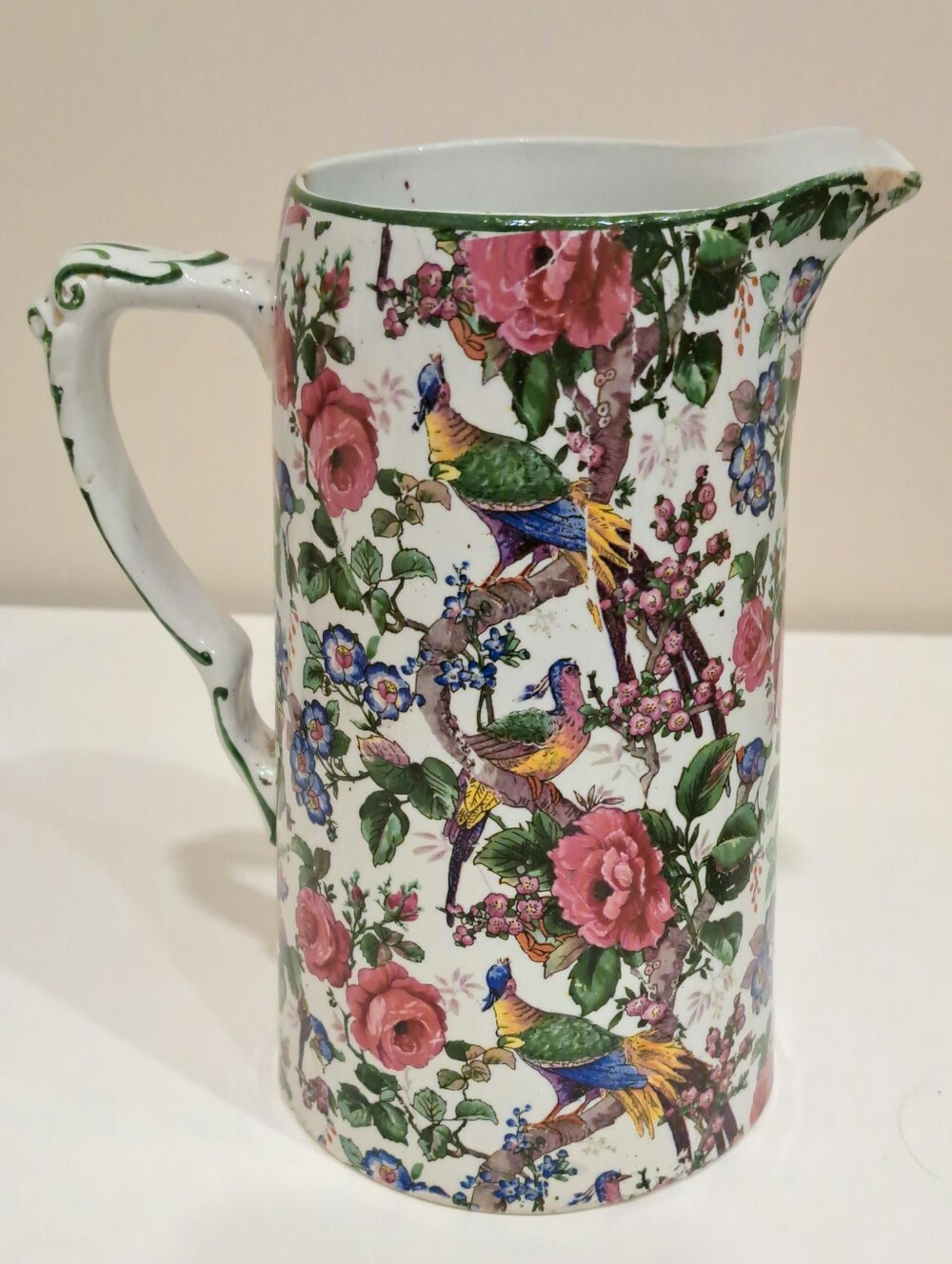 Vintage 1920s/1930s English Chintz Floral Pitcher – Birds & Roses Pattern